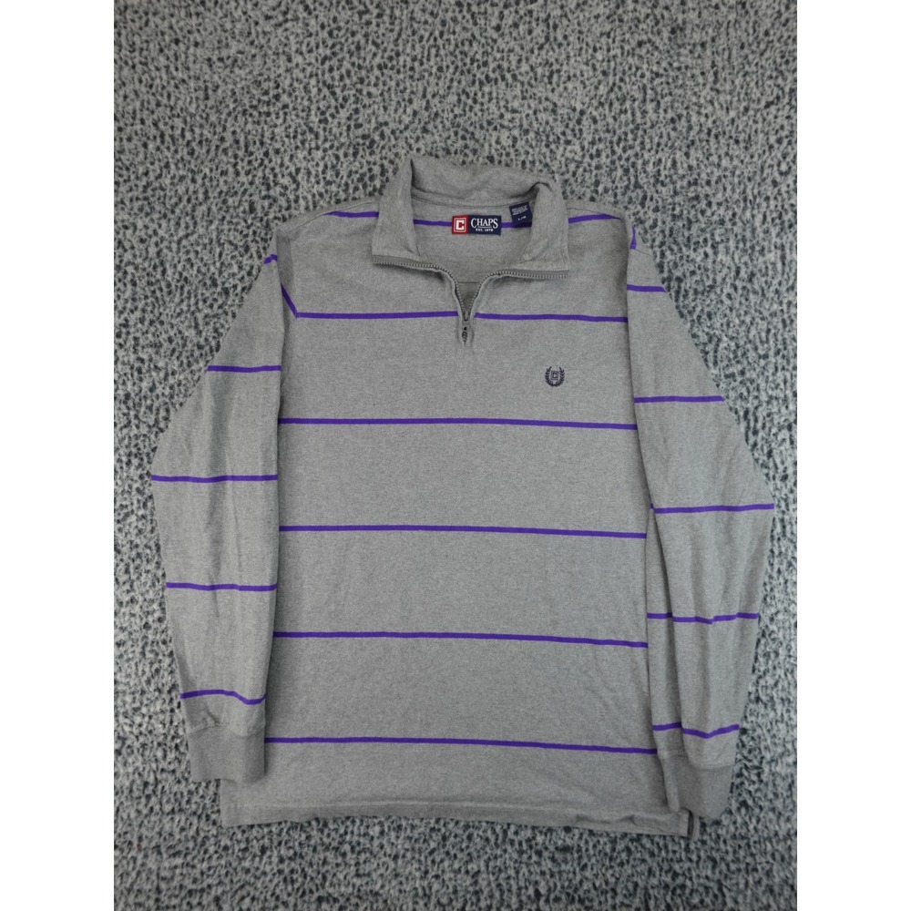 Chaps Mens Quarter Zip Pullover Large Grey Purple Striped Cotton Mock Neck Logo